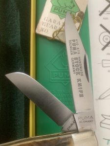 Puma Knife: Puma Mint Rare 1992 'STOCK' 3 blade Knife with Stag Antler Handle and Box #48292
