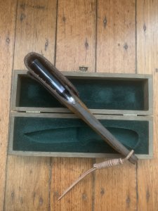 Puma Knife: Puma Original 1980's-90's 4 Star Fixed Blade Knife with Black Micarta Handle-Tan Sheath in Original Wooden Box