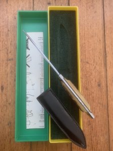 Puma Knife: Puma 1981 Vintage 3573 Boot Knife with Stag Handle Sheath in Puma Green/Yellow Box