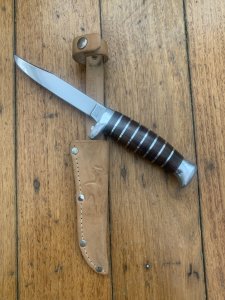 Solingen Germany EUROCUT Original 4" Thin Blade Bowie Knife with Wood Stacked Handle & Leather Sheath