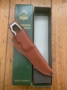 Puma Knife: Puma 18 1002 Very Rare Europamesser Skeleton Knife in Leather Sheath & Box