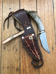 Ken Richardson Custom Handmade 4" Hunter Upswept Blade Hunting Knife with Deer Antler Handle & Custom Sheath