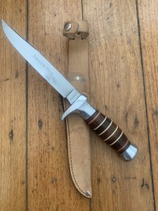 Solingen Germany EUROCUT Original 5 1/4" Thin Blade Bowie Knife with Wood Stacked Handle & Leather Sheath