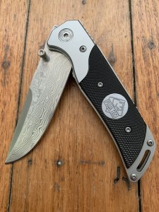 Puma Knife: Puma Tec Damascus Folding Liner Lock Knife with Thuya Root Wood Handle