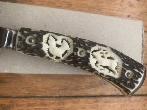 German Knife: 1970'-80's  Integral Jagdnicker Knife with Carved Stag Handle & Sheath