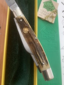 Puma Knife: Puma Mint Rare 1992 'STOCK' 3 blade Knife with Stag Antler Handle and Box #48292