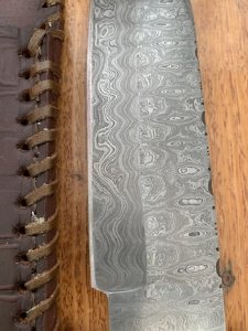 Damascus Knife: Big Damascus Bowie with Walnut Patterned Handle & Hand made Sheath