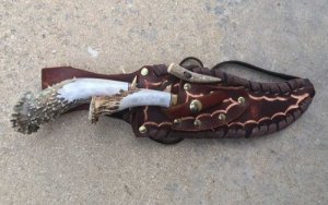 Ken Richardson Custom Handmade 8" Bowie & 3" Hunter Piggy Back Set Deer Antler Handle & Custom Sheath