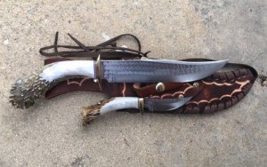 Ken Richardson Custom Handmade 8" Bowie & 3" Hunter Piggy Back Set Deer Antler Handle & Custom Sheath