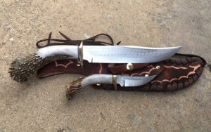 Ken Richardson Custom Handmade 8" Bowie & 3" Hunter Piggy Back Set Deer Antler Handle & Custom Sheath