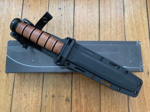 Ka-Bar Knife: Kabar Leather Handled Part-Serrated Black Tanto & Kydex Sheath