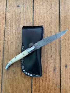 Damascus Folding Knife with White Bone Handle File Work and Pouch