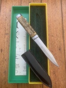 Puma Knife: Puma 1981 Vintage 3573 Boot Knife with Stag Handle Sheath in Puma Green/Yellow Box
