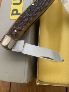 Puma Knife: Puma Mint Rare 1969 'STOCK' 3 blade Knife with Dark Brown Jigged Bone Handle and Box #96744
