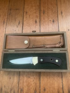 Puma Knife: Puma Original 1980's-90's 4 Star Fixed Blade Knife with Black Micarta Handle-Tan Sheath in Original Wooden Box