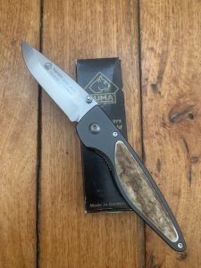 Puma Knife: Puma 2002 Handic Black Frame & Light Stag Slab Linerlock Folding Knife
