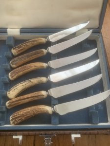 ASHBERRY Sheffield England 1930's-50's 12 Piece Stag Handled Knife & Fork Set.