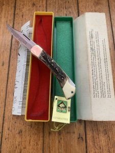 Puma Knife: 1974 Mint Puma Prince Folding Knife with Sambar Stag Antler Handle Box and Warranty #98474