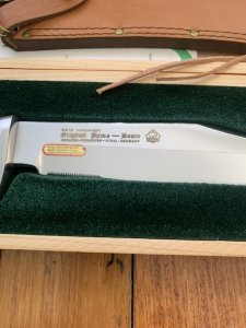 Puma Knife: 1982 Puma Big Big Bowie knife with Stag Antler Handle in original Wooden Box & Warranty