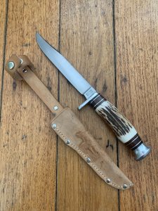 Solingen Germany EUROCUT Original 6" Blade Bowie Knife with Deer Antler Handle & Leather Sheath
