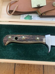 Puma Knife: 1982 Puma Big Big Bowie knife with Stag Antler Handle in original Wooden Box & Warranty