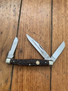 Puma Knife: Puma rare vintage 1974 'STOCK' 3 blade Fold back Knife with Dark Brown Jigged Bone Handle