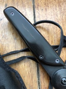 Kizlyar Knife: Kizlyar Original Model Biker-2 Folding Knife with Buffalo Handle and Leather Pouch