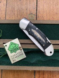 Puma Knife: Puma 1990 Australian Wildlife Collection 'Crocodile' model 985 Custom Folding Knife with Ebony Handle Original Box and matching Warranty #169/200