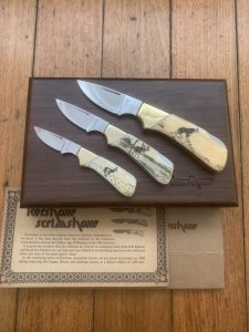 Kershaw Knife: 1982 Rare Scrimshawed set of 3 Knives in Presentation Box #142/1000