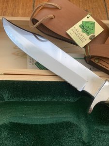 Puma Knife: 1982 Puma Big Big Bowie knife with Stag Antler Handle in original Wooden Box & Warranty