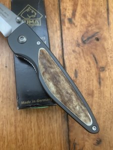 Puma Knife: Puma 2002 Handic Black Frame & Light Stag Slab Linerlock Folding Knife