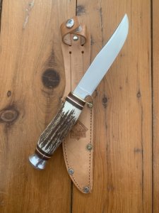 Puma Knife: Puma Circa 1980's Original Model 17 Medium Scout/Hunter Knife with Sambar Handle and Original Sheath