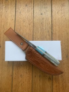 Damascus Turquoise and Pearl Corelon Hunting Knife with Sheath