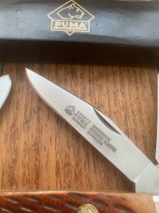 Puma Knife: Puma Stockman Folding Knife with Jigged Red/Brown Bone Handle