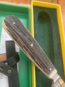 Puma Knife: Puma 1980's Gnicker Knife with Stag Handle & Original Green & Yellow Box