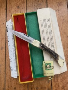 Puma Knife: 1974 Mint Puma Prince Folding Knife with Sambar Stag Antler Handle Box and Warranty #98474