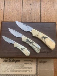 Kershaw Knife: 1982 Rare Scrimshawed set of 3 Knives in Presentation Box #142/1000