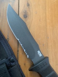 SOG M37 SEAL PUP Part Serrated Edge Graphite finish Blade Knife and Cordura Tactical sheath