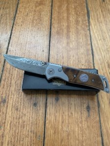 Puma Knife: Puma Tec Damascus Folding Liner Lock Knife with Thuya Root Wood Handle