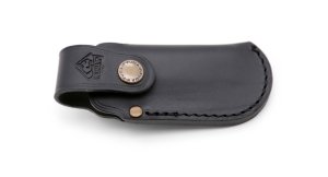 Puma Knife Sheath: Medium Vertical Clip Black Leather Knife Pouch