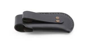 Puma Knife Sheath: Medium Vertical Clip Black Leather Knife Pouch