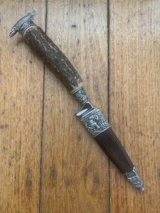 German Knife: 1980's Jagdnicker Hunting & Fishing Scene Knife with Stag Handle & Sheath