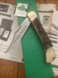 Puma Knife: Puma 1980 Emperor 915 Folding Knife with Stag Antler Handle Original Box and matching Warranty