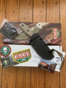 ESEE Knives- ESEE-4 Knife with Ivory Beige Micarta Handle & Black Kydex Sheath