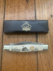 Puma Knife: Puma Original Stockman Knife with Faux Bone Handle And Scrimshawed Duck in Box