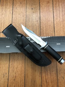 SOG Vintage Original S2B TRIDENT 2 knife with Leather Sheath and Sharpening Stone.