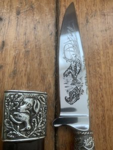 German Knife: 1980's Jagdnicker Hunting & Fishing Scene Knife with Stag Handle & Sheath