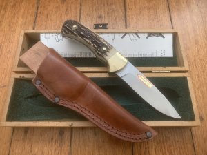 Puma Knife: Puma Original 4 Star Fixed Blade Knife with Stag Antler Handle in Original Wooden Box