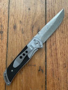 Puma Knife: Puma Tec Damascus Folding Liner Lock Knife with Black Handle