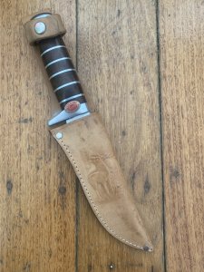 Solingen Germany EUROCUT Original 5 1/4" Blade Original Buffalo Skinner with Stacked Wood Handle & Leather Sheath